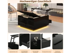 Mesa de centro elevatória para sala de estar - 70 x 70 x 38 cm - com LEDs + 1 gaveta + portas sanfonadas - aglomerado - preto