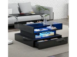 Mesa de centro elevatória - 80 x 80 x 45 cm - com arrumação oculta + 2 gavetas + LEDs - aglomerado + vidro temperado - preto