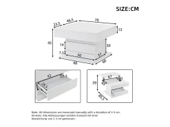 Mesa de centro elevatória 70x70x45cm - Tampos giratórios 360° - com 1 gaveta - Armazenamento oculto - Acabamento brilhante - Branco