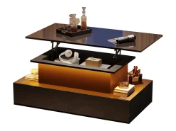 Mesa de centro elevatória - 90 x 55 x 41 cm - moderna em alto brilho com LEDs + 4 gavetas - aglomerado - preto