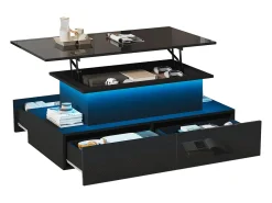 Mesa de centro elevatória - 90 x 55 x 41 cm - moderna em alto brilho com LEDs + 4 gavetas - aglomerado - preto
