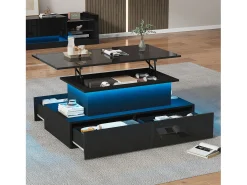 Mesa de centro elevatória - 90 x 55 x 41 cm - moderna em alto brilho com LEDs + 4 gavetas - aglomerado - preto