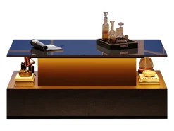 Mesa de centro elevatória - 90 x 55 x 41 cm - moderna em alto brilho com LEDs + 4 gavetas - aglomerado - preto