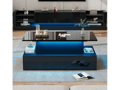Mesa de centro elevatória - 90 x 55 x 41 cm - moderna em alto brilho com LEDs + 4 gavetas - aglomerado - preto