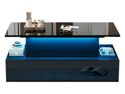 Mesa de centro elevatória - 90 x 55 x 41 cm - moderna em alto brilho com LEDs + 4 gavetas - aglomerado - preto