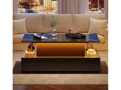 Mesa de centro elevatória - 90 x 55 x 41 cm - moderna em alto brilho com LEDs + 4 gavetas - aglomerado - preto