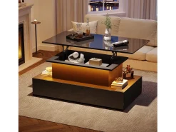 Mesa de centro elevatória - 90 x 55 x 41 cm - moderna em alto brilho com LEDs + 4 gavetas - aglomerado - preto