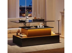 Mesa de centro elevatória - 90 x 55 x 41 cm - moderna em alto brilho com LEDs + 4 gavetas - aglomerado - preto