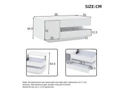 Mesa de centro elevatória - 95 x 50 x 34,5 cm - com 1 gaveta + 1 porta + LEDs - aglomerado - branco