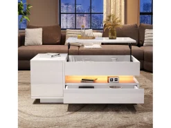 Mesa de centro elevatória - 95 x 50 x 34,5 cm - com 1 gaveta + 1 porta + LEDs - aglomerado - branco