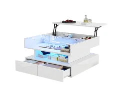 Mesa de centro elevatória - 80 x 80 x 45 cm - com arrumação oculta + 2 gavetas + LEDs - aglomerado + vidro temperado - branco