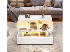 Mesa de centro elevatória - 80 x 80 x 45 cm - com arrumação oculta + 2 gavetas + LEDs - aglomerado + vidro temperado - branco