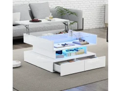 Mesa de centro elevatória - 80 x 80 x 45 cm - com arrumação oculta + 2 gavetas + LEDs - aglomerado + vidro temperado - branco