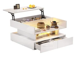 Mesa de centro elevatória - 80 x 80 x 45 cm - com arrumação oculta + 2 gavetas + LEDs - aglomerado + vidro temperado - branco