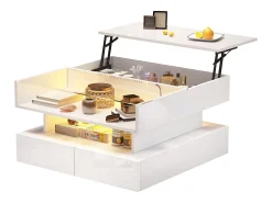 Mesa de centro elevatória - 80 x 80 x 45 cm - com arrumação oculta + 2 gavetas + LEDs - aglomerado + vidro temperado - branco