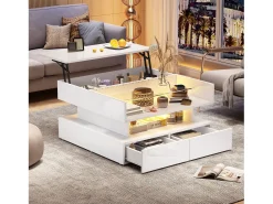 Mesa de centro elevatória - 80 x 80 x 45 cm - com arrumação oculta + 2 gavetas + LEDs - aglomerado + vidro temperado - branco