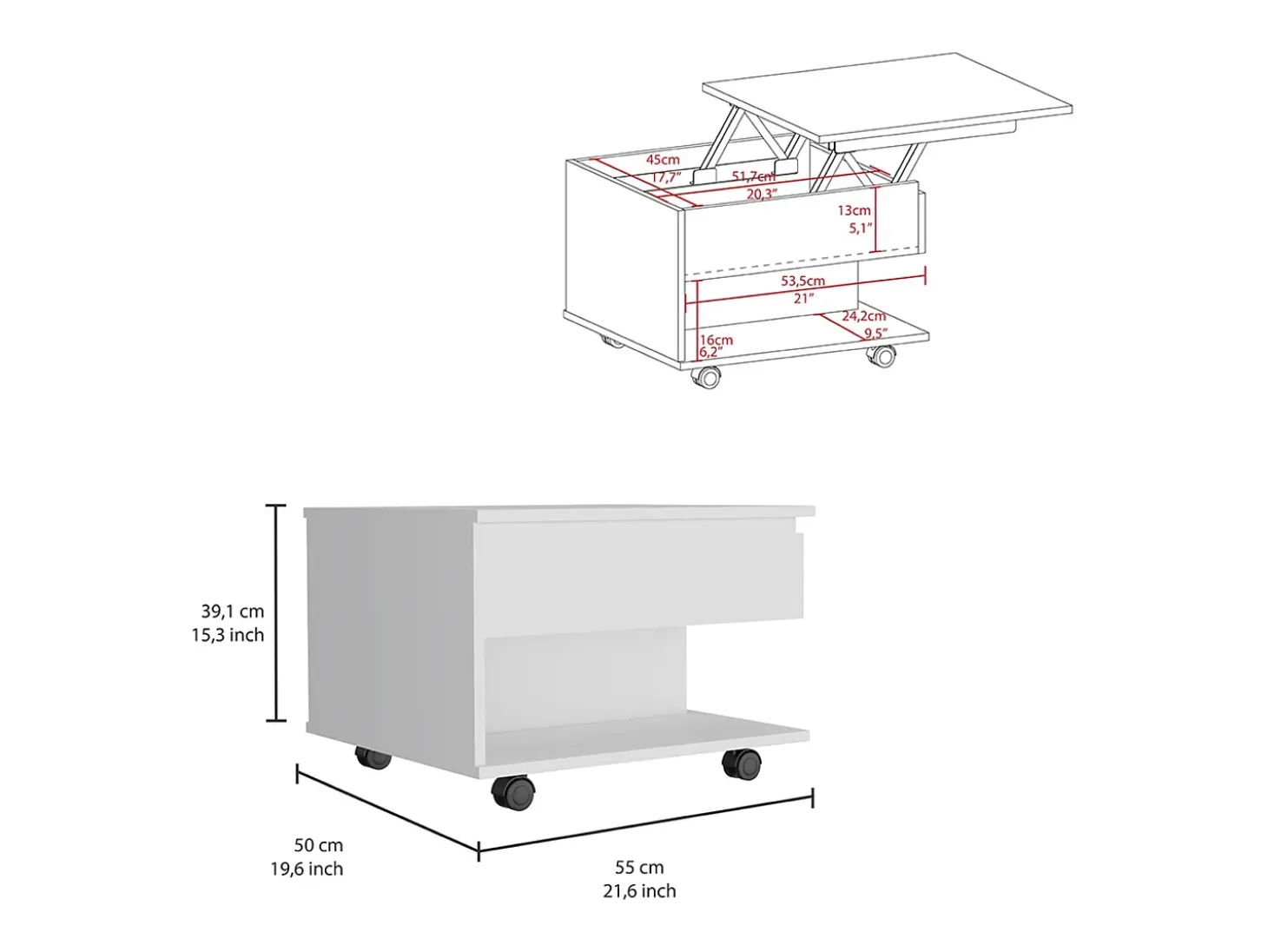 Mesa de centro elevatória Luanda, com rodízios, 38.86 cm X 54.86 cm X 49.78 cm , Branco
