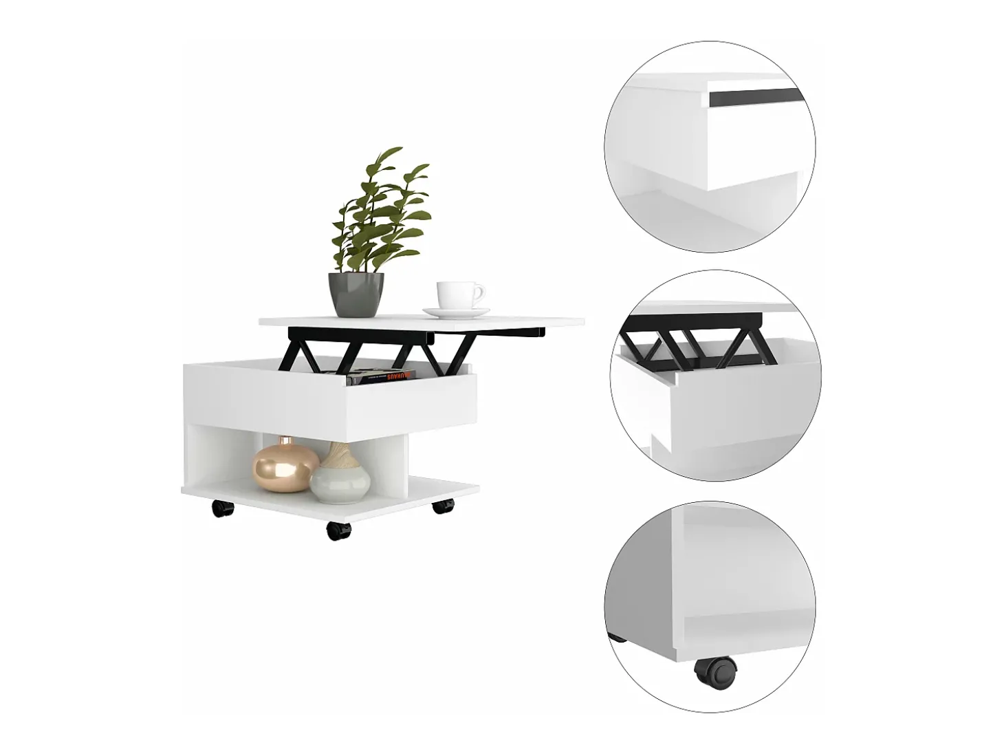 Mesa de centro elevatória Luanda, com rodízios, 38.86 cm X 54.86 cm X 49.78 cm , Branco