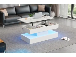 Mesa de centro elevatória - 100 x 50 x 42/56 cm - com LEDs + arrumação oculta - aglomerado - branco