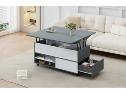 Mesa de centro elevatória - 100 x 98 x 65 cm - com arrumação + prateleira escondida + 1 gaveta - aglomerado - cinzento