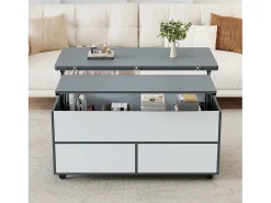 Mesa de centro elevatória - 100 x 98 x 65 cm - com arrumação + prateleira escondida + 1 gaveta - aglomerado - cinzento