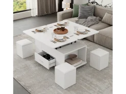 Mesa de centro elevatória - 100 x 50 x 45 cm - 4 em 1 + 1 gaveta + 4 bancos - aglomerado - branco