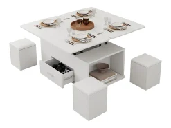 Mesa de centro elevatória - 100 x 50 x 45 cm - 4 em 1 + 1 gaveta + 4 bancos - aglomerado - branco