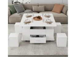 Mesa de centro elevatória - 100 x 50 x 45 cm - 4 em 1 + 1 gaveta + 4 bancos - aglomerado - branco