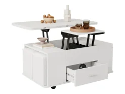 Mesa de centro elevatória - 100 x 50 x 45 cm - 4 em 1 + 1 gaveta + 4 bancos - aglomerado - branco