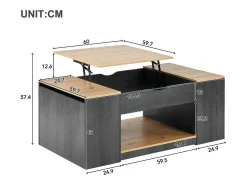 Mesa de centro elevável em MDF - com espaço de arrumação por baixo da mesa - Cinzento
