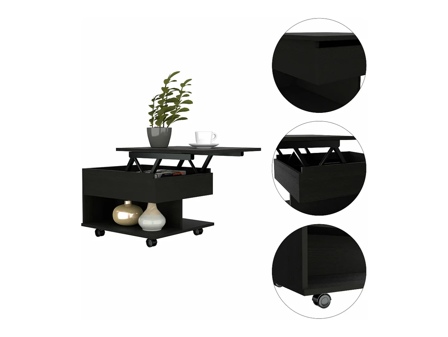 Mesa de centro elevável Luanda, com rodízios, 38.86 cm X 54.86 cm X 49.78 cm , Preto