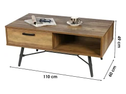 Mesa de centro em carvalho escuro. Pés de metal preto, dimensões 60x49x110cm.