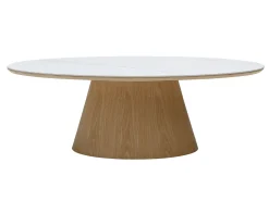 Mesa de centro em cerâmica e MDF - Efeito mármore branco e natural claro - ANTELADA