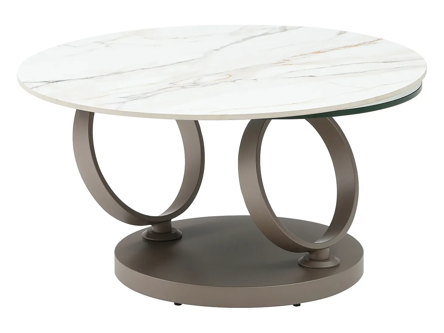 Mesa de centro em cerâmica, vidro temperado e metal taupe efeito mármore branco - JOLINE