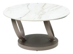 Mesa de centro em cerâmica, vidro temperado e metal taupe efeito mármore branco - JOLINE