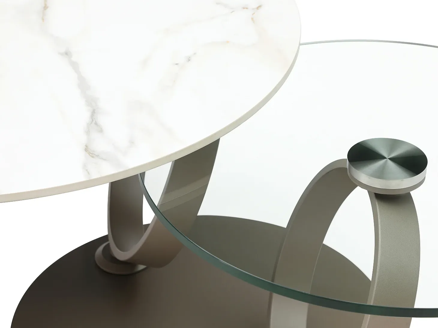 Mesa de centro em cerâmica, vidro temperado e metal taupe efeito mármore branco - JOLINE