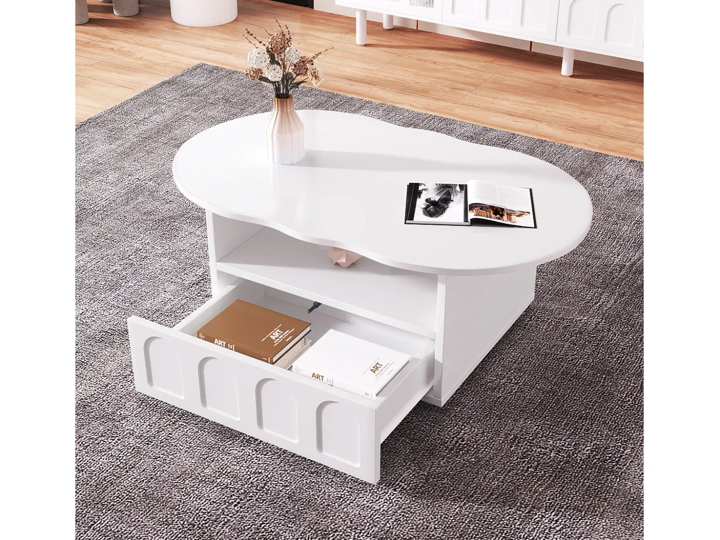 Mesa de centro em forma de nuvem com gaveta - Madeira PB - Branca
