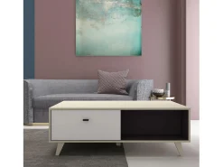 Mesa de centro em madeira natural com gaveta SKADI - Design escandinavo, branco e madeira clara, espaço de arrumação