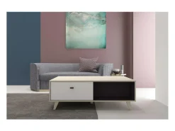 Mesa de centro em madeira natural com gaveta SKADI - Design escandinavo, branco e madeira clara, espaço de arrumação