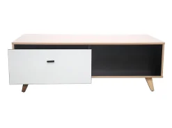 Mesa de centro em madeira natural com gaveta SKADI - Design escandinavo, branco e madeira clara, espaço de arrumação