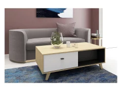 Mesa de centro em madeira natural com gaveta SKADI - Design escandinavo, branco e madeira clara, espaço de arrumação
