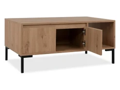 Mesa de centro em madeira com arrumação Navi - Carvalho artesanal e pés em metal preto