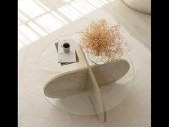 Mesa de Centro em Madeira com Efeito Pedra Vidro RIBE Moderna Elegante com Arrumação
