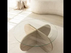 Mesa de Centro em Madeira com Efeito Pedra Vidro RIBE Moderna Elegante com Arrumação