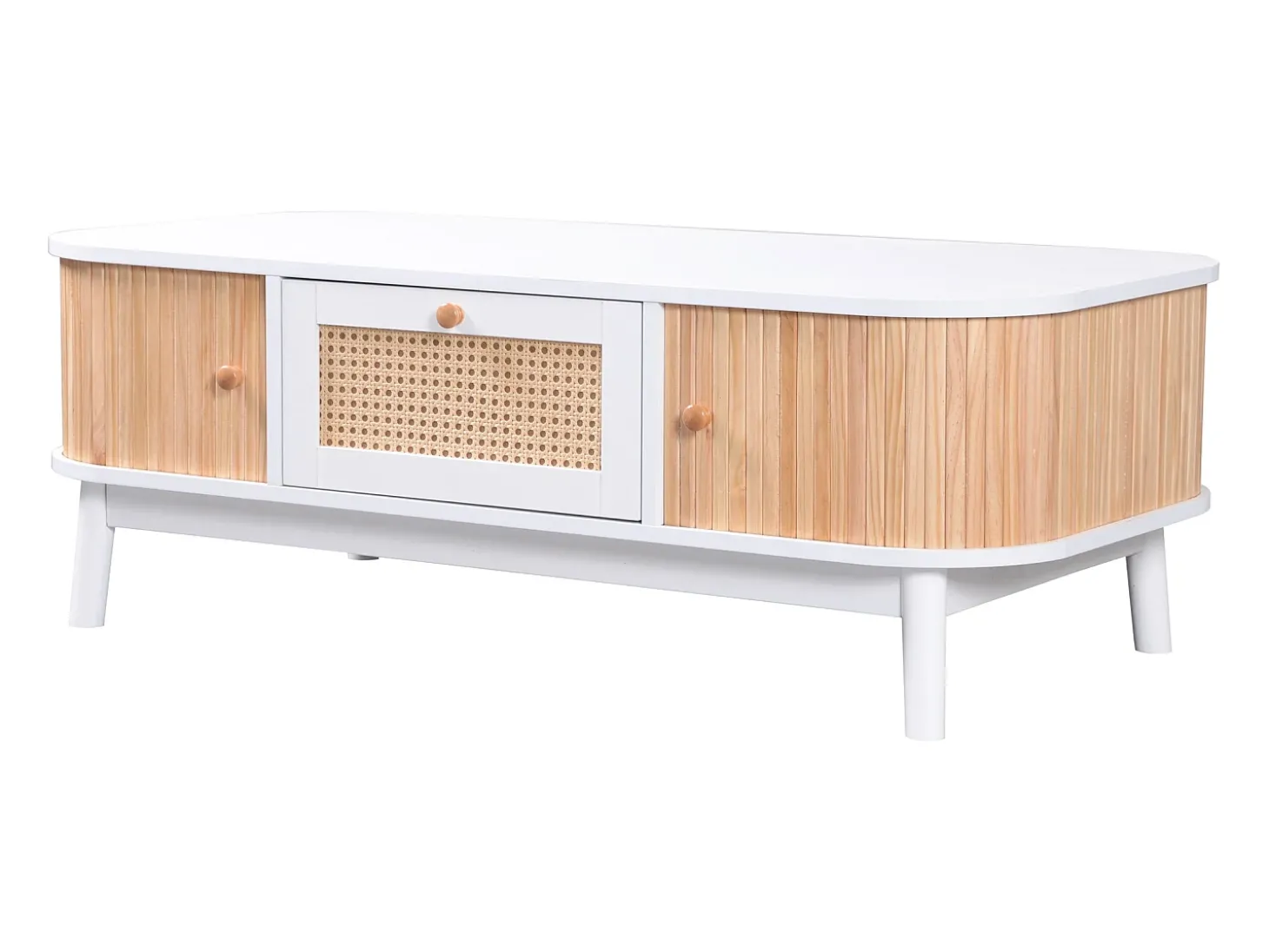 Mesa de centro em vime - Gaveta e 2 portas de correr - Branco e tom natural claro