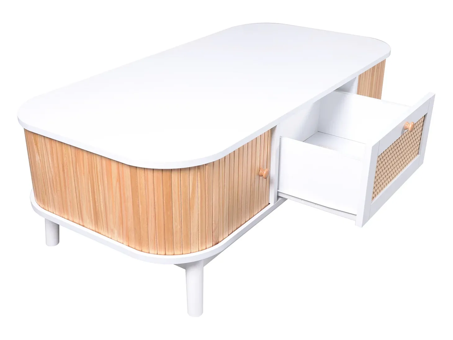 Mesa de centro em vime - Gaveta e 2 portas de correr - Branco e tom natural claro