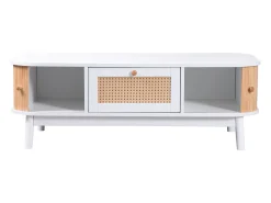 Mesa de centro em vime - Gaveta e 2 portas de correr - Branco e tom natural claro