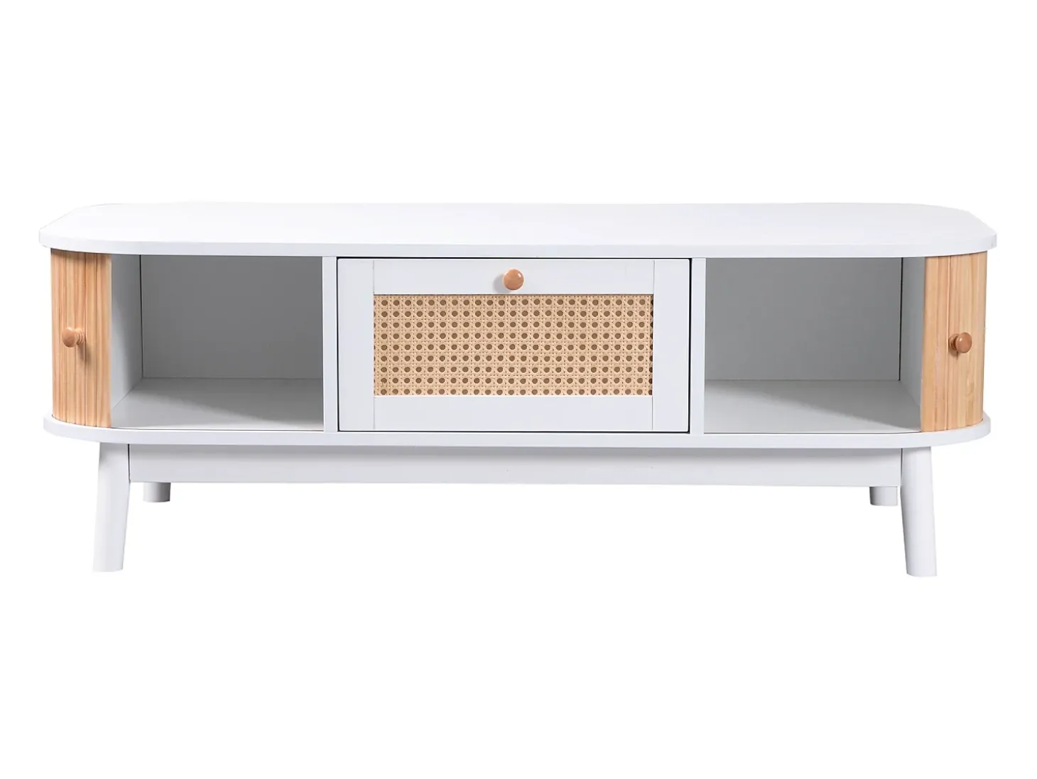 Mesa de centro em vime - Gaveta e 2 portas de correr - Branco e tom natural claro