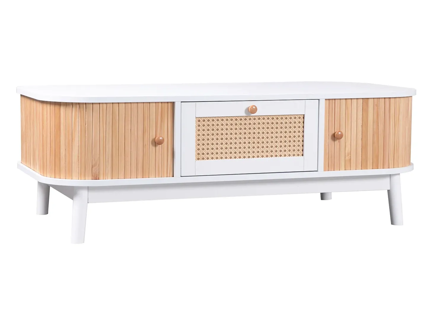 Mesa de centro em vime - Gaveta e 2 portas de correr - Branco e tom natural claro