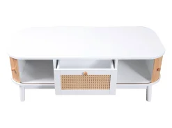 Mesa de centro em vime - Gaveta e 2 portas de correr - Branco e tom natural claro